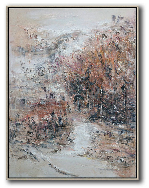 Large Modern Abstract Painting,Original Abstract Landscape Oil Painting On Canvas, Vertical Canvas Art,Modern Wall Art,White,Orange,Blue,Lake Blue